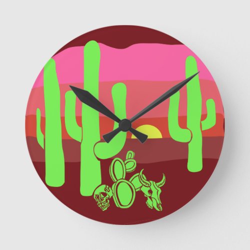 Retro Neon Desert Sunset Bleached Skulls Round Clock