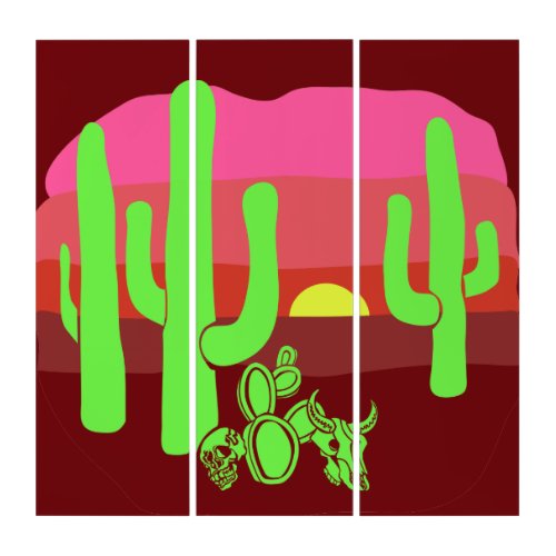 Retro Neon Desert Sunset Bleached Skulls Triptych