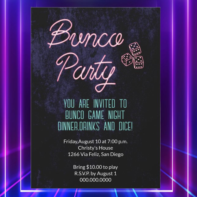 Retro Neon Dice Bunco Game Party Event Invitation (Bunco Party. Invite players for a game night with this retro neon light design with dice. )