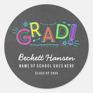 Retro Neon Doodles Chalkboard Graduation Classic Round Sticker