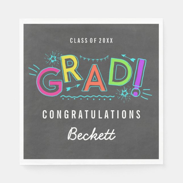 Retro Neon Doodles Graduation Party Paper Napkins (Front)