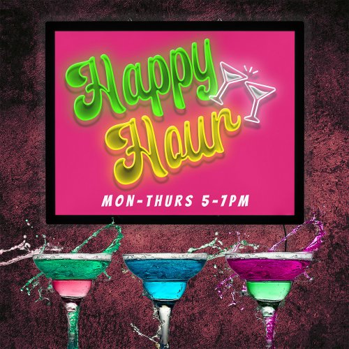 Retro Neon Effect Happy Hour Green Yellow Pink Bar LED Sign