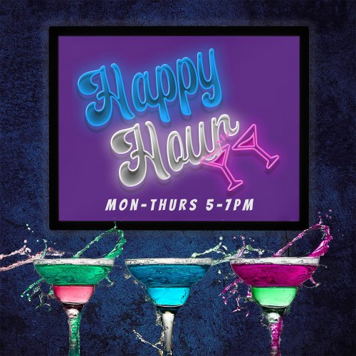 Retro Neon Effect Happy Hour Pink Blue Purple Bar LED Sign