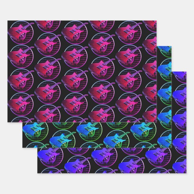 Retro Neon Electric Guitars Wrapping Paper Sheets (Set)