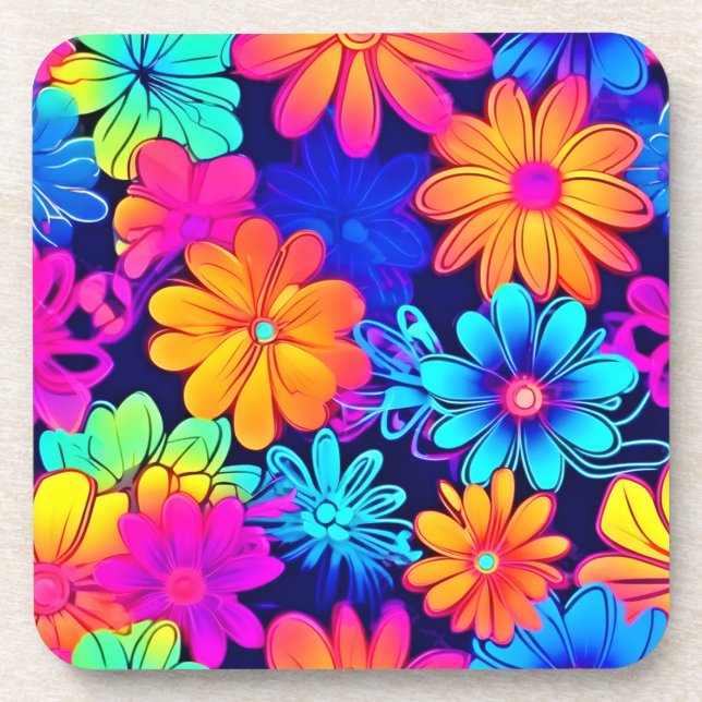 Retro Neon Flowers Pattern Beverage Coaster (Front)