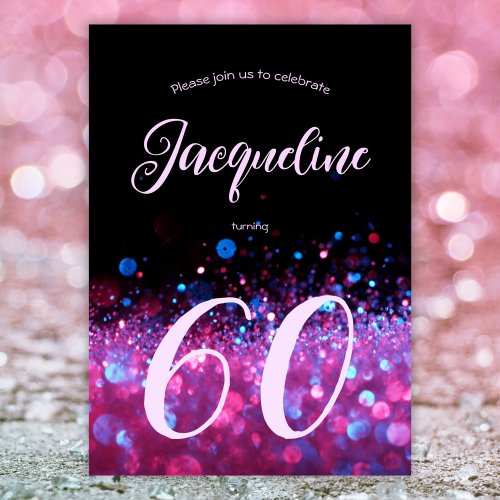 Retro Neon Glow Pink Glitter Script 60th birthday Invitation