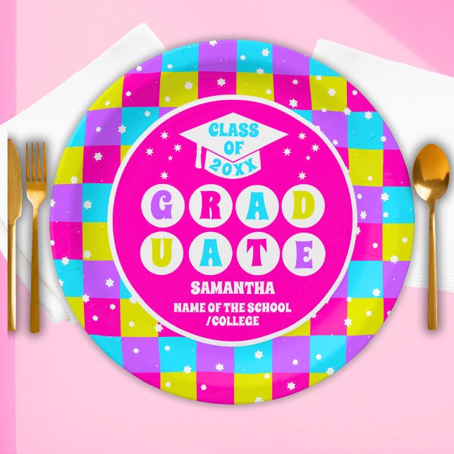 Retro Neon Graduation Party Paper Plates (Creator Uploaded)