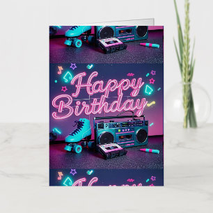 Retro neon Happy Birthday sign in pink and teal Foil Greeting Card