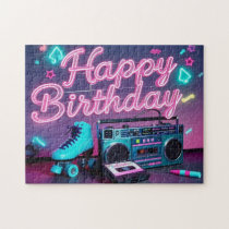 Retro neon Happy Birthday sign in pink and teal Jigsaw Puzzle