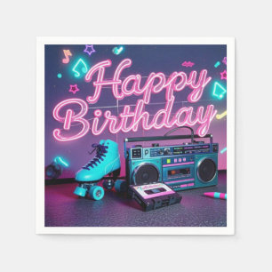 Retro neon Happy Birthday sign in pink and teal Napkins