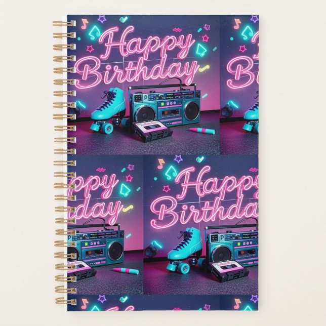 Retro neon Happy Birthday sign in pink and teal Planner (Front)