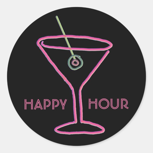 Retro Neon Martini Happy Hour Stickers (Front)