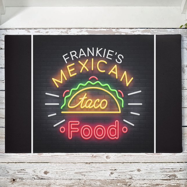 Retro Neon Mexican Food Taco Personalized Diner Doormat (Creator Uploaded)
