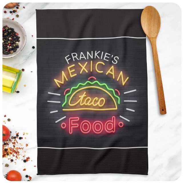 Retro Neon Mexican Food Taco Personalized Diner Kitchen Towel (Creator Uploaded)