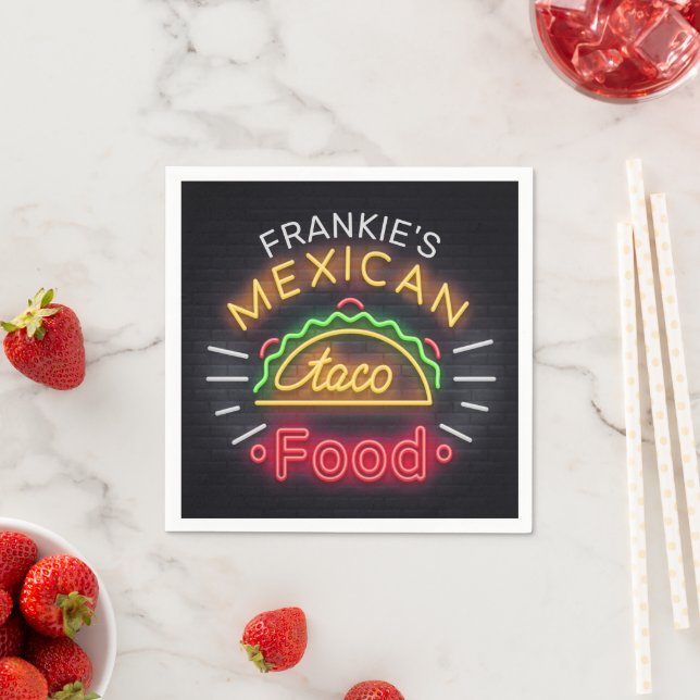 Retro Neon Mexican Food Taco Personalized Diner Napkins (Insitu)