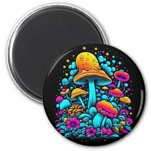 Retro Neon Mushrooms and Flowers Ai Art Magnet