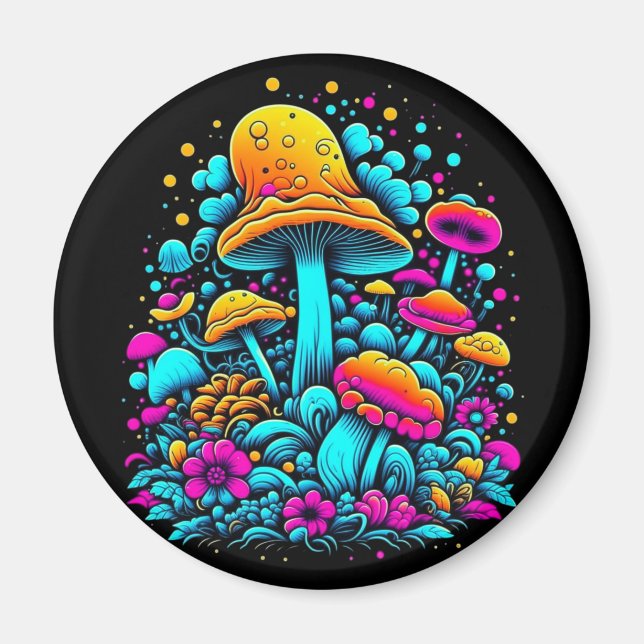Retro Neon Mushrooms and Flowers Ai Art Magnet (Front)
