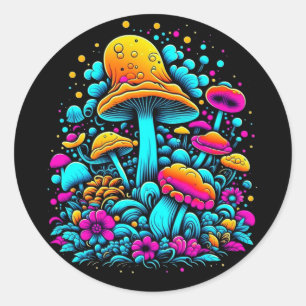 Retro Neon Mushrooms and Flowers Classic Round Sticker