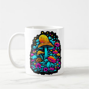 Retro Neon Mushrooms and Flowers Coffee Mug