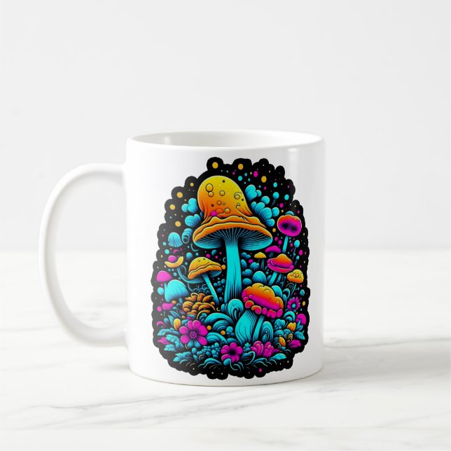 Retro Neon Mushrooms and Flowers  Coffee Mug (Left)