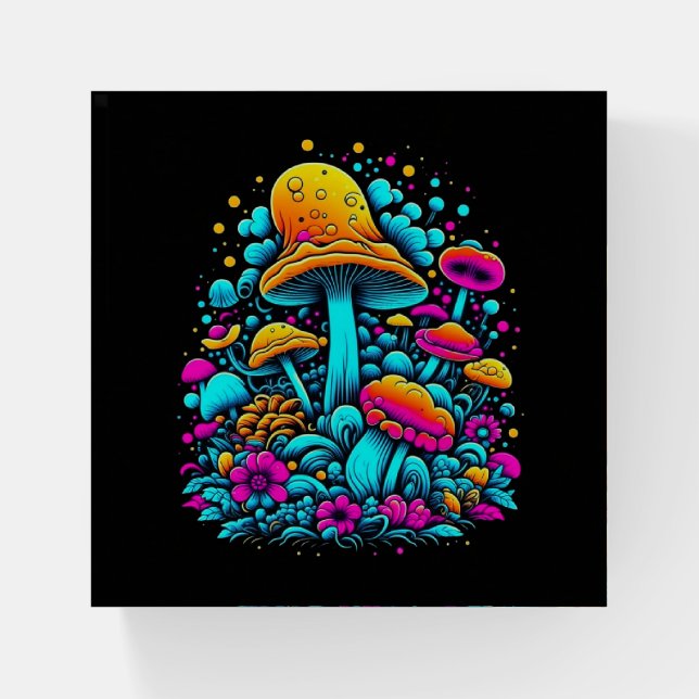 Retro Neon Mushrooms and Flowers  Paperweight (Front)