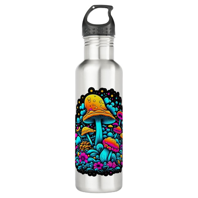 Retro Neon Mushrooms and Flowers  Stainless Steel Water Bottle (Front)