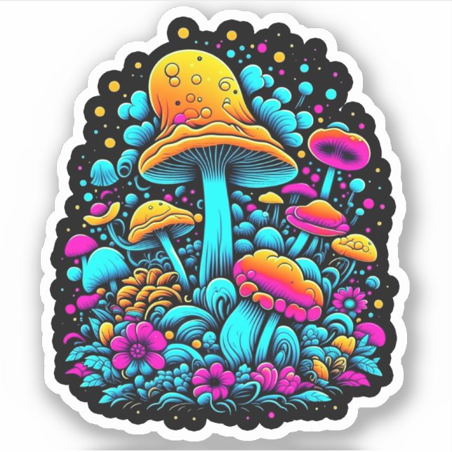 Retro Neon Mushrooms and Flowers  Sticker (Front)
