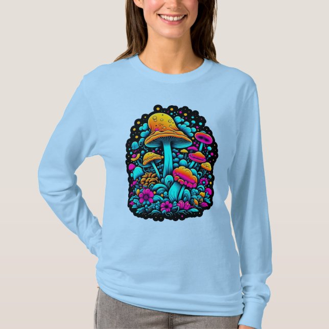 Retro Neon Mushrooms and Flowers  T-Shirt (Front)