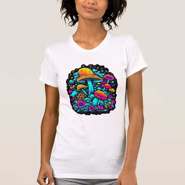 Retro Neon Mushrooms and Flowers  T-Shirt (Front)