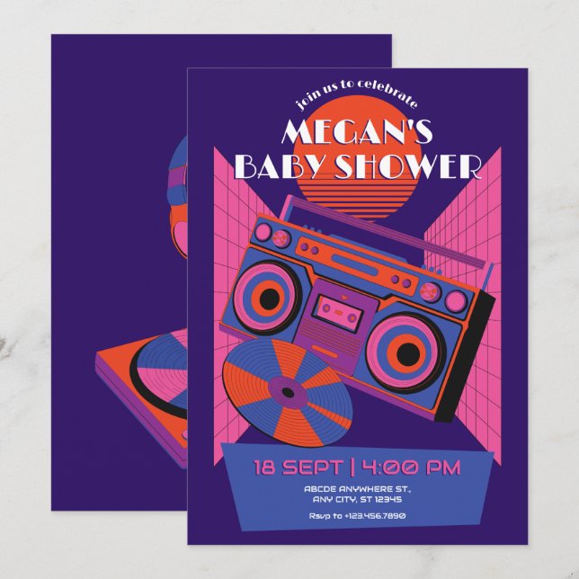 Retro neon music electro baby shower invitation (Front/Back)