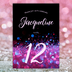Retro Neon Pink Glitter Glow Script 12th birthday Invitation