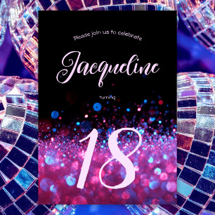 Retro Neon Pink Glitter Glow Script 18th birthday Invitation