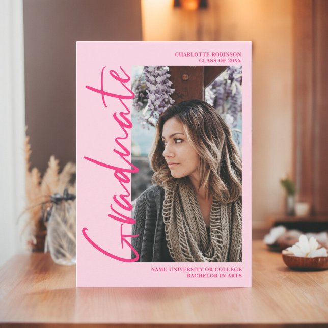 Retro neon pink graduate photo script graduation announcement (Retro neon pink graduate photo script graduation announcement)