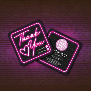 Retro Neon Pink Lighted Sign Customer Thank You Square Business Card