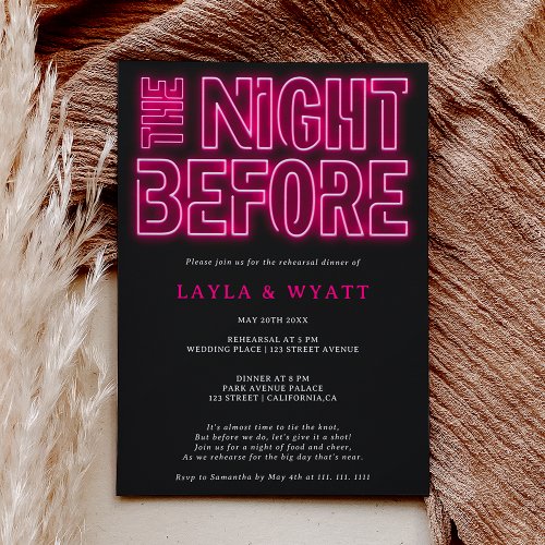 Retro neon pink night before rehearsal dinner invitation