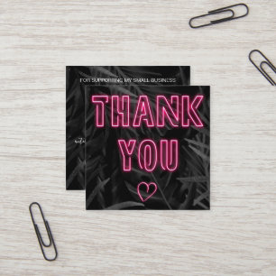 Retro neon pink sign order thank you black leaf square business card