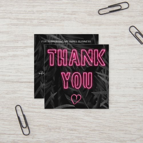 Retro neon pink sign order thank you black leaf square business card