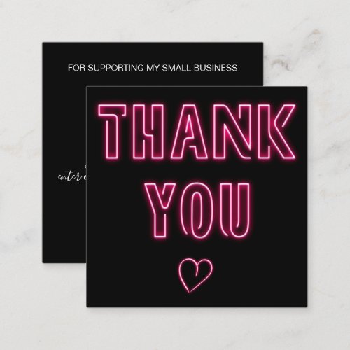 Retro neon pink sign order thank you black square business card