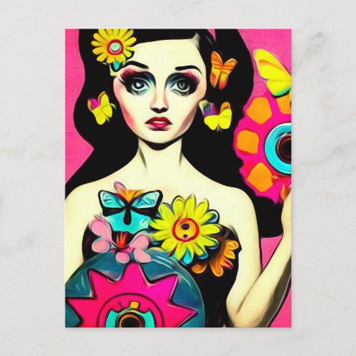 Retro Neon Pop Art Girl  Flowers Postcard
