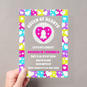 Retro Neon Queen Of Hearts Birthday Acrylic Invitations