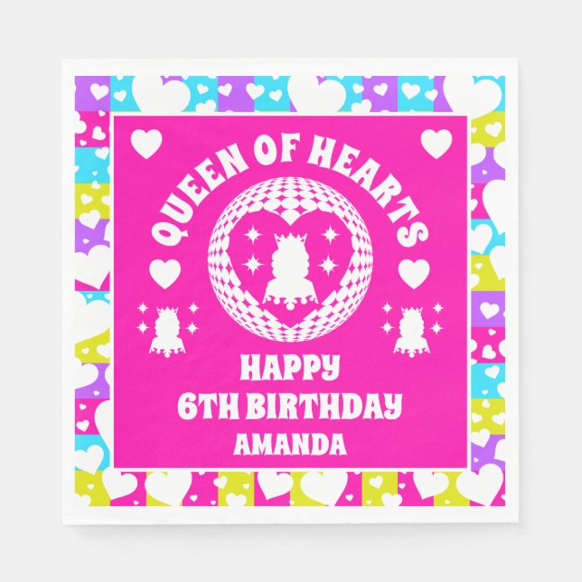 Retro Neon Queen Of Hearts Birthday Napkins (Front)