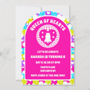 Retro Neon Queen Of Hearts Birthday Party Arch Invitation