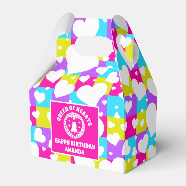 Retro Neon Queen Of Hearts Birthday Party Favor Boxes (Front Side)
