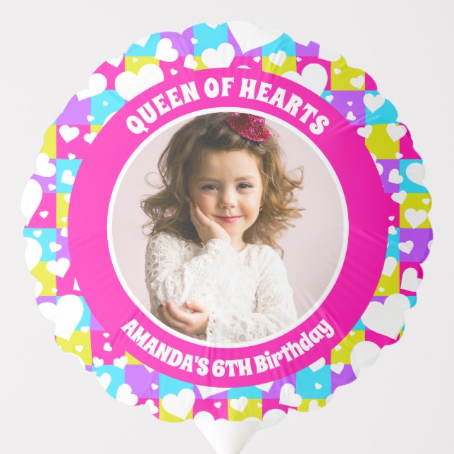Retro Neon Queen Of Hearts Birthday Party Photo Balloon (Front)