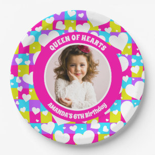 Retro Neon Queen Of Hearts Birthday Party Photo Paper Plates