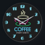 Retro Neon Sign Coffee Cafe Large Clock<br><div class="desc">Personalized Name Custom Retro Black Glowing Neon Sign Coffee Wall Clock by Printable Pretty. Perfect Clock for the Kitchen,  or Man Cave and makes a great gift for Coffee Lovers!</div>
