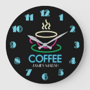 Retro Neon Sign Coffee Cafe Large Clock at Zazzle