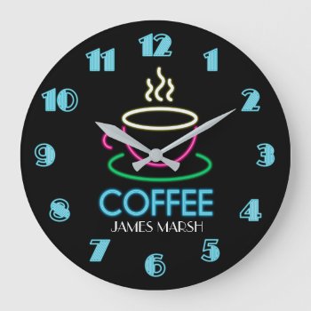 Retro Neon Sign Coffee Cafe Large Clock by PrintablePretty at Zazzle