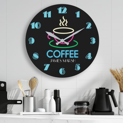 Retro Neon Sign Coffee Cafe Large Clock