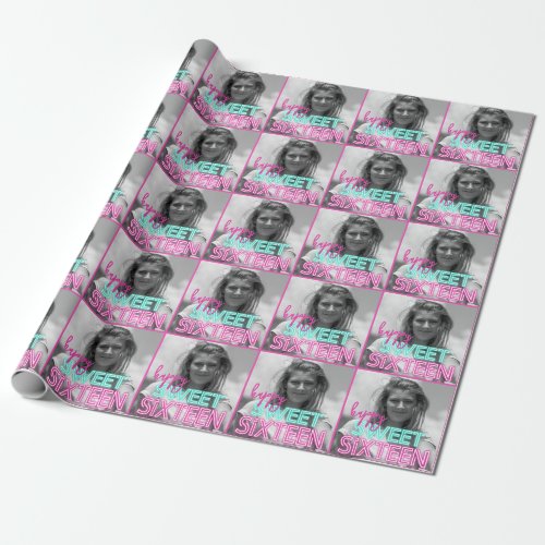 Retro Neon Sign with Black  White Photo Sweet 16 Wrapping Paper